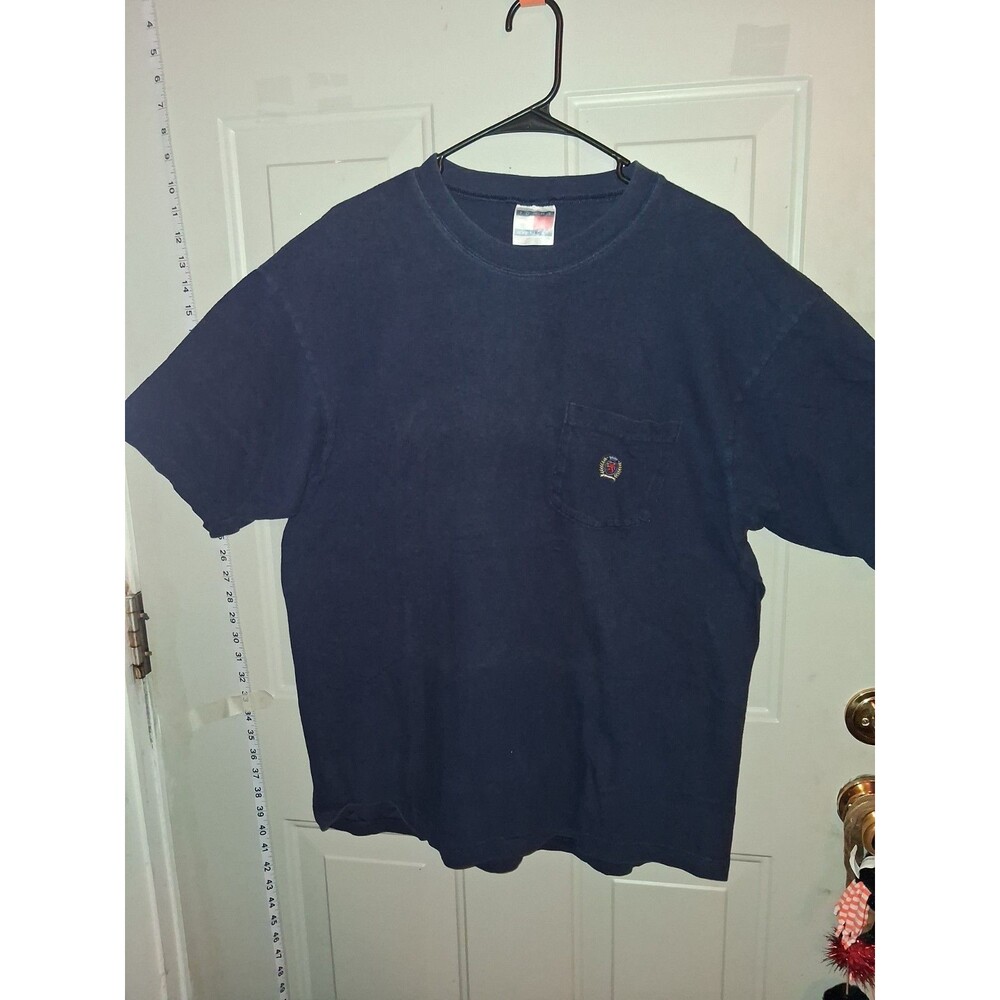 Vtg 90s Tommy Hilfiger Lion Crest Pocket T Shirt Navy Blue Blank Boxy Tee Large